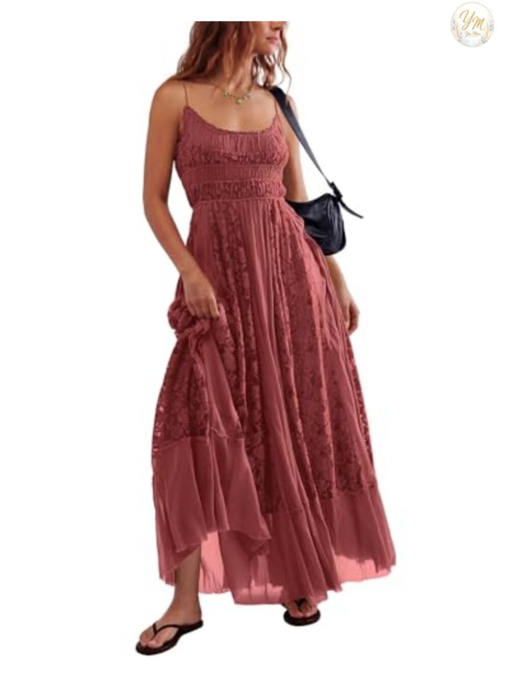 Bohemian Lace Embroidered Maxi Dress Sleeveless Scoop Neck Adjustable Straps